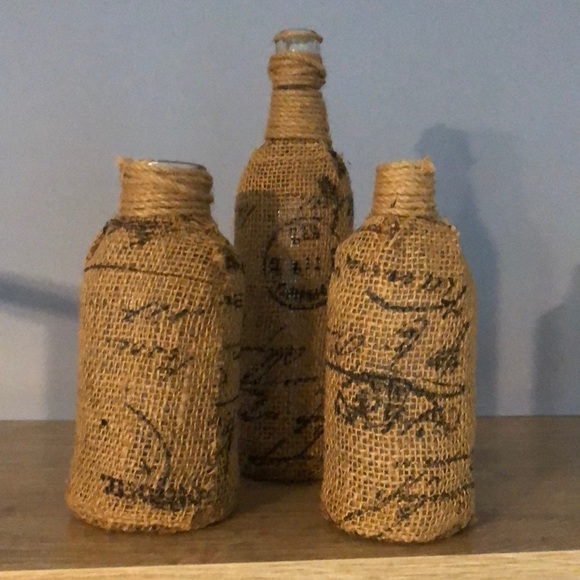 Set of 3 burlap and twine wrapped glass bottles. - Picture 1 of 8